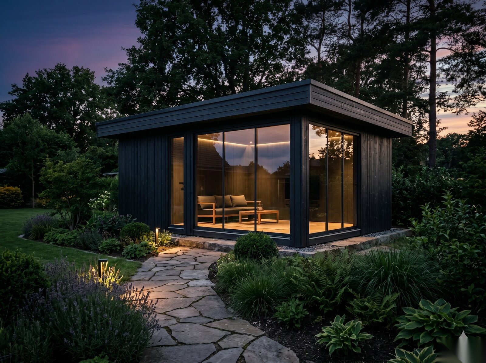 Modernes Gartenhaus aus dunklem Holz